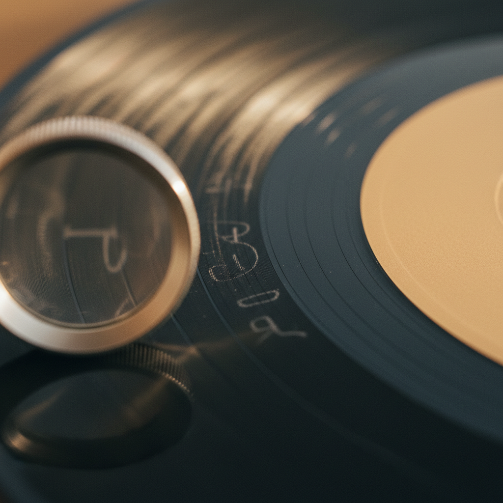Hand-etched run-out groove of an LP inspected with a loupe: reading matrix numbers for a record price valuation