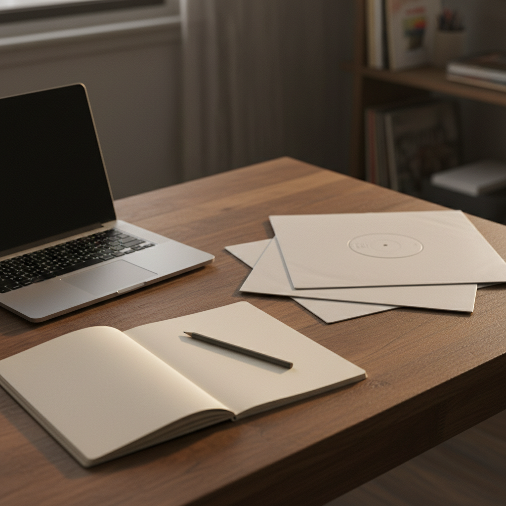 Collector's desk with a notebook, a laptop and LPs in plain sleeves: researching sold prices to value a vinyl collection