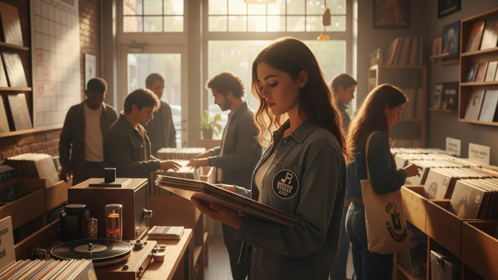 A collector browsing records in an independent record shop before Record Store Day