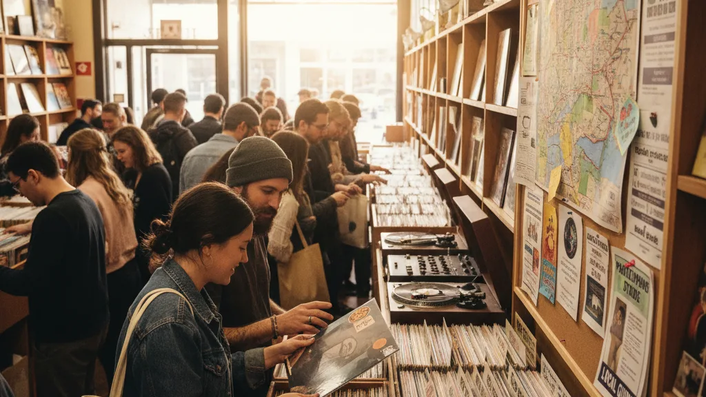 A crowded independent record shop on Record Store Day, people flipping through the racks