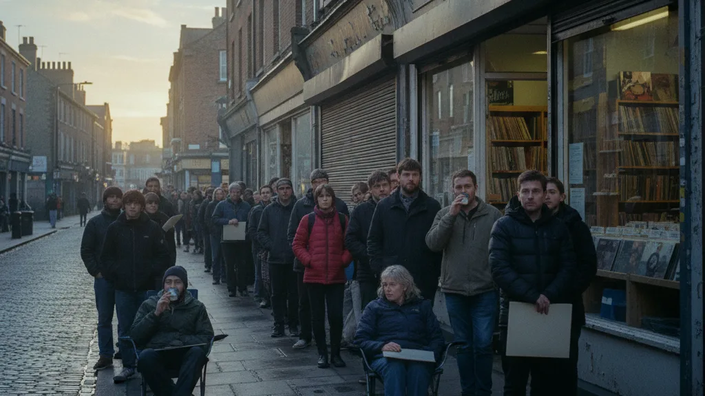 A queue of record collectors outside an independent record shop at dawn on Record Store Day