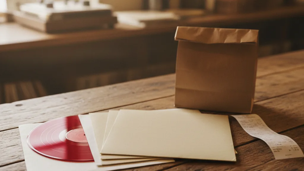 Record Store Day purchases on a shop counter: limited-edition records, one on coloured vinyl, and a paper bag